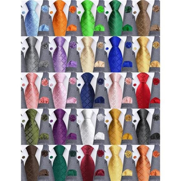 Mens Plaid Tie Set with Pocket Square Cufflinks Lapel Pin Formal Necktie - Picture 6 of 7